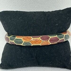 Vintage Gold Tone Cloisonné Enamel Hinged Bangle Bracelet Honeycomb Pattern